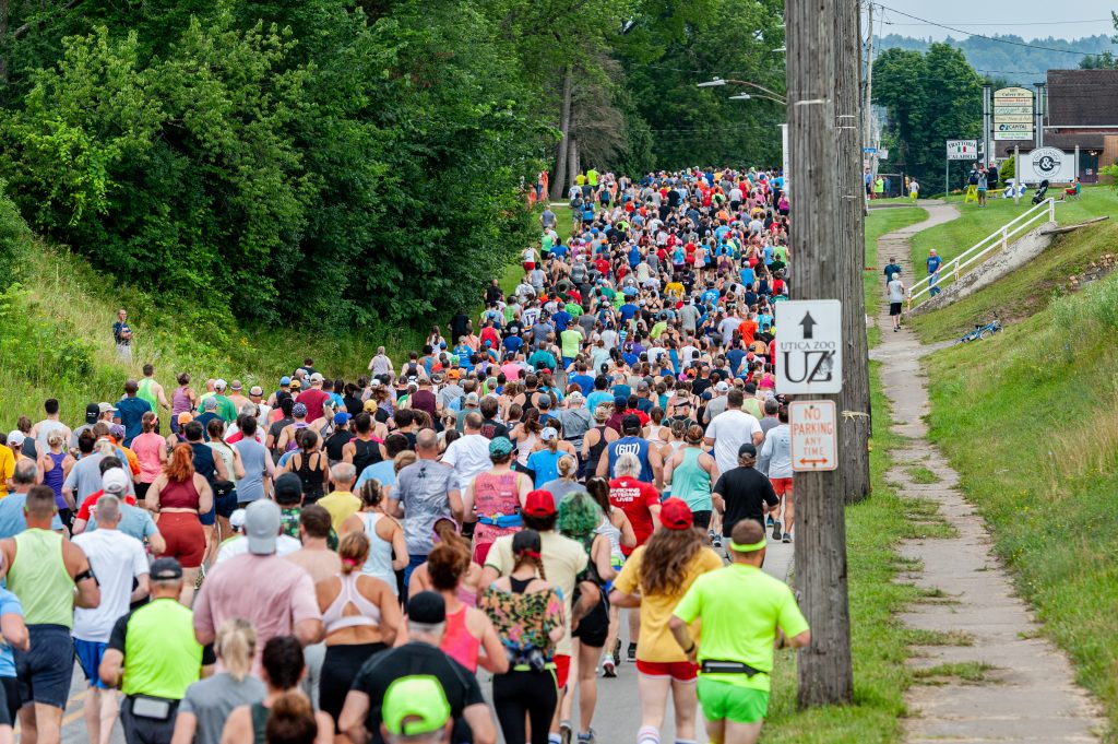 Hundreds of runners are seen along the route of the annual boilermaker road race in Utica, New York. 